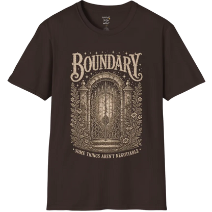 A short sleeved tee, design is a wrought-iron gate with thorned vines at a stone threshold — Sacred Thread collection by Ramro Yoga Wear in Dark Chocolate