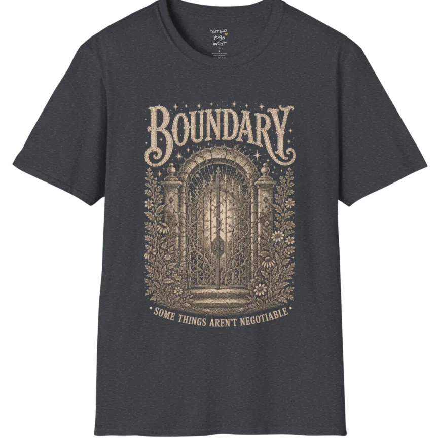 A short sleeved tee, design is a wrought-iron gate with thorned vines at a stone threshold — Sacred Thread collection by Ramro Yoga Wear in Dark Heather Grey