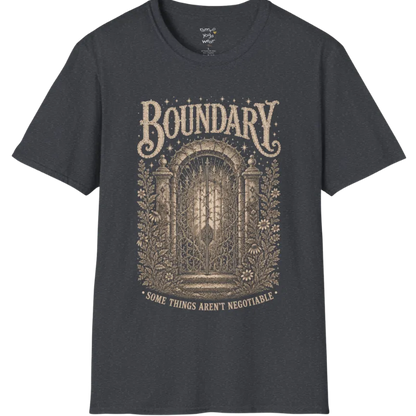 A short sleeved tee, design is a wrought-iron gate with thorned vines at a stone threshold — Sacred Thread collection by Ramro Yoga Wear in Dark Heather Grey