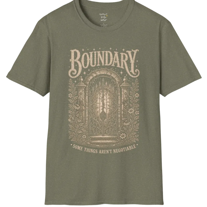 A short sleeved tee, design is a wrought-iron gate with thorned vines at a stone threshold — Sacred Thread collection by Ramro Yoga Wear in Heather Military Green