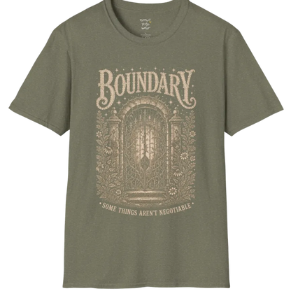 A short sleeved tee, design is a wrought-iron gate with thorned vines at a stone threshold — Sacred Thread collection by Ramro Yoga Wear in Heather Military Green