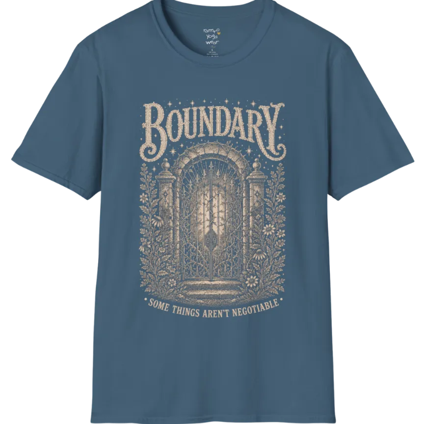 A short sleeved tee, design is a wrought-iron gate with thorned vines at a stone threshold — Sacred Thread collection by Ramro Yoga Wear in Indigo Blue