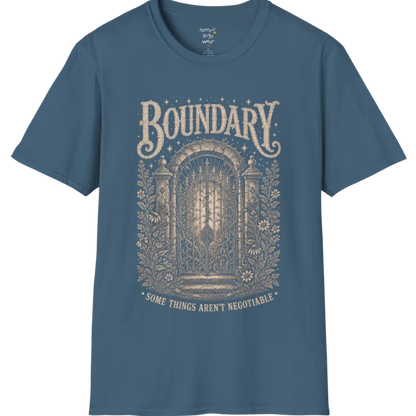 A short sleeved tee, design is a wrought-iron gate with thorned vines at a stone threshold — Sacred Thread collection by Ramro Yoga Wear in Indigo Blue