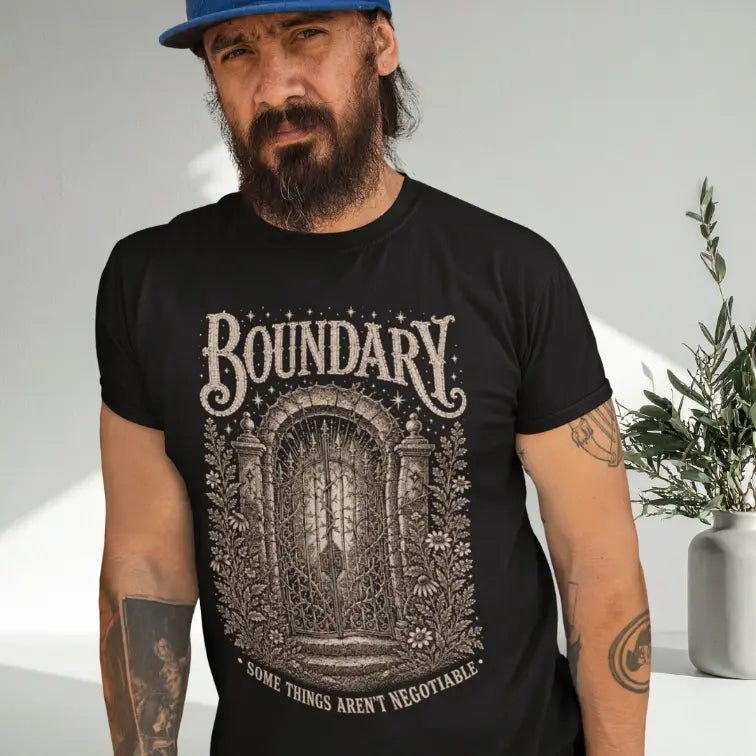 Person wearing Boundary black colored sacred yoga shirt indoors with a plant — Sacred Thread collection by Ramro Yoga Wear