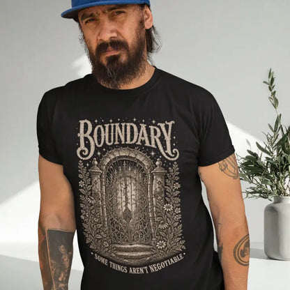 Person wearing Boundary black colored sacred yoga shirt indoors with a plant — Sacred Thread collection by Ramro Yoga Wear
