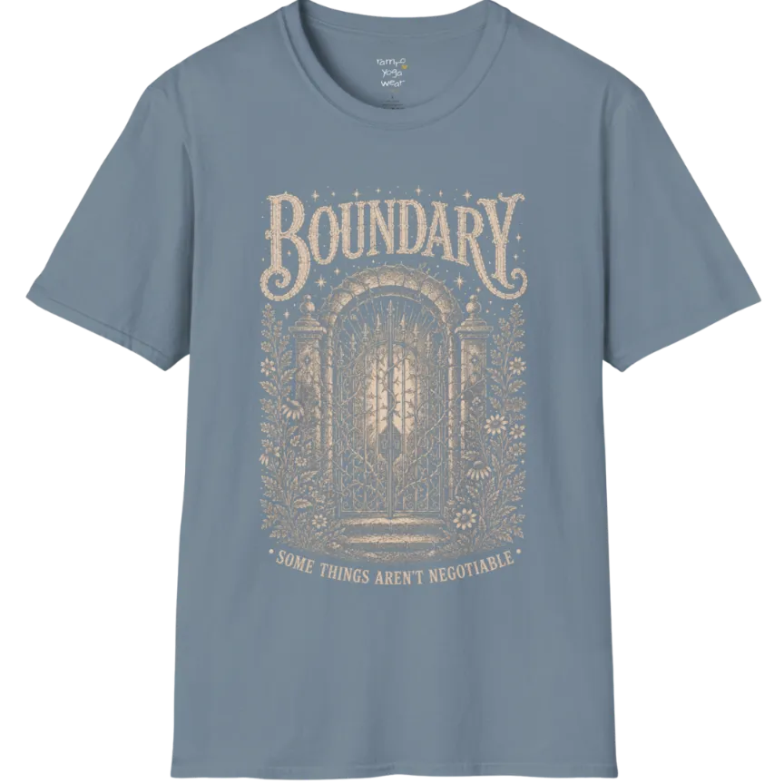 A short sleeved tee, design is a wrought-iron gate with thorned vines at a stone threshold — Sacred Thread collection by Ramro Yoga Wear in Stone Blue