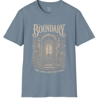 A short sleeved tee, design is a wrought-iron gate with thorned vines at a stone threshold — Sacred Thread collection by Ramro Yoga Wear in Stone Blue