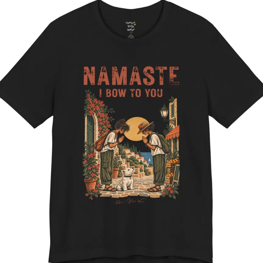 A short sleeved tee called Bow T-Shirt by Ramro Yoga Wear — two figures mid-bow on a sunlit Mediterranean street with a West Highland White Terrier, vintage travel-poster illustration, Funny Yoga Shirts collection in color Black.