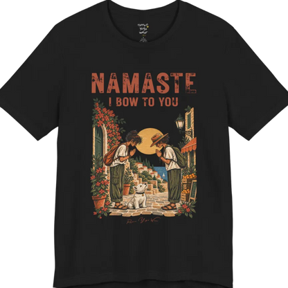 A short sleeved tee called Bow T-Shirt by Ramro Yoga Wear — two figures mid-bow on a sunlit Mediterranean street with a West Highland White Terrier, vintage travel-poster illustration, Funny Yoga Shirts collection in color Black.