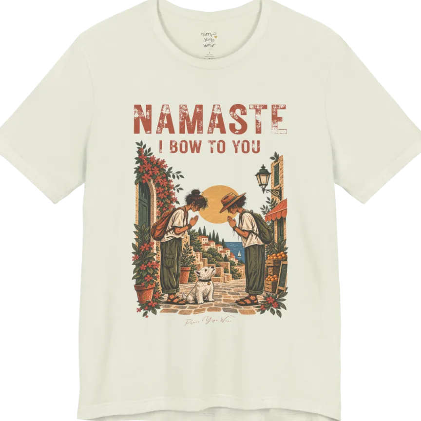 A short sleeved tee called Bow T-Shirt by Ramro Yoga Wear — two figures mid-bow on a sunlit Mediterranean street with a West Highland White Terrier, vintage travel-poster illustration, Funny Yoga Shirts collection in color Citron.