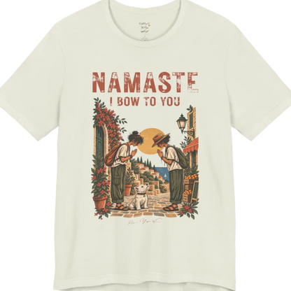A short sleeved tee called Bow T-Shirt by Ramro Yoga Wear — two figures mid-bow on a sunlit Mediterranean street with a West Highland White Terrier, vintage travel-poster illustration, Funny Yoga Shirts collection in color Citron.