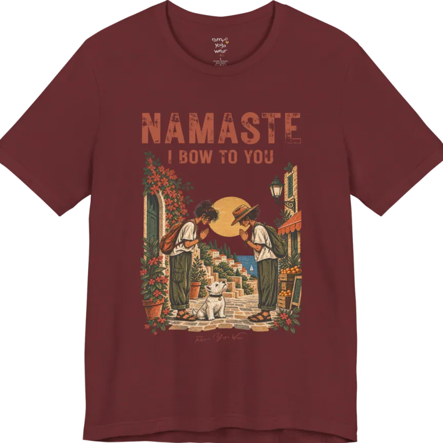 A short sleeved tee called Bow T-Shirt by Ramro Yoga Wear — two figures mid-bow on a sunlit Mediterranean street with a West Highland White Terrier, vintage travel-poster illustration, Funny Yoga Shirts collection in color Heather Cardinal.