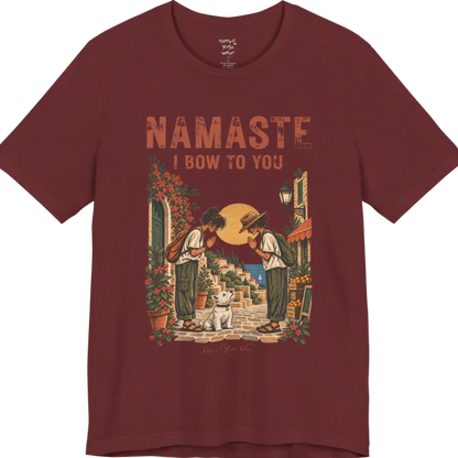 A short sleeved tee called Bow T-Shirt by Ramro Yoga Wear — two figures mid-bow on a sunlit Mediterranean street with a West Highland White Terrier, vintage travel-poster illustration, Funny Yoga Shirts collection in color Heather Cardinal.