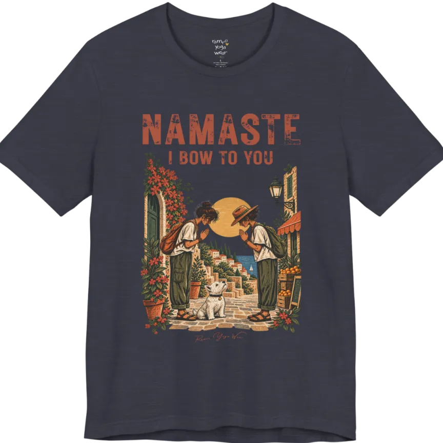 A short sleeved tee called Bow T-Shirt by Ramro Yoga Wear — two figures mid-bow on a sunlit Mediterranean street with a West Highland White Terrier, vintage travel-poster illustration, Funny Yoga Shirts collection in color Heather Midnight Navy.