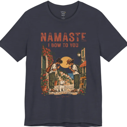 A short sleeved tee called Bow T-Shirt by Ramro Yoga Wear — two figures mid-bow on a sunlit Mediterranean street with a West Highland White Terrier, vintage travel-poster illustration, Funny Yoga Shirts collection in color Heather Midnight Navy.