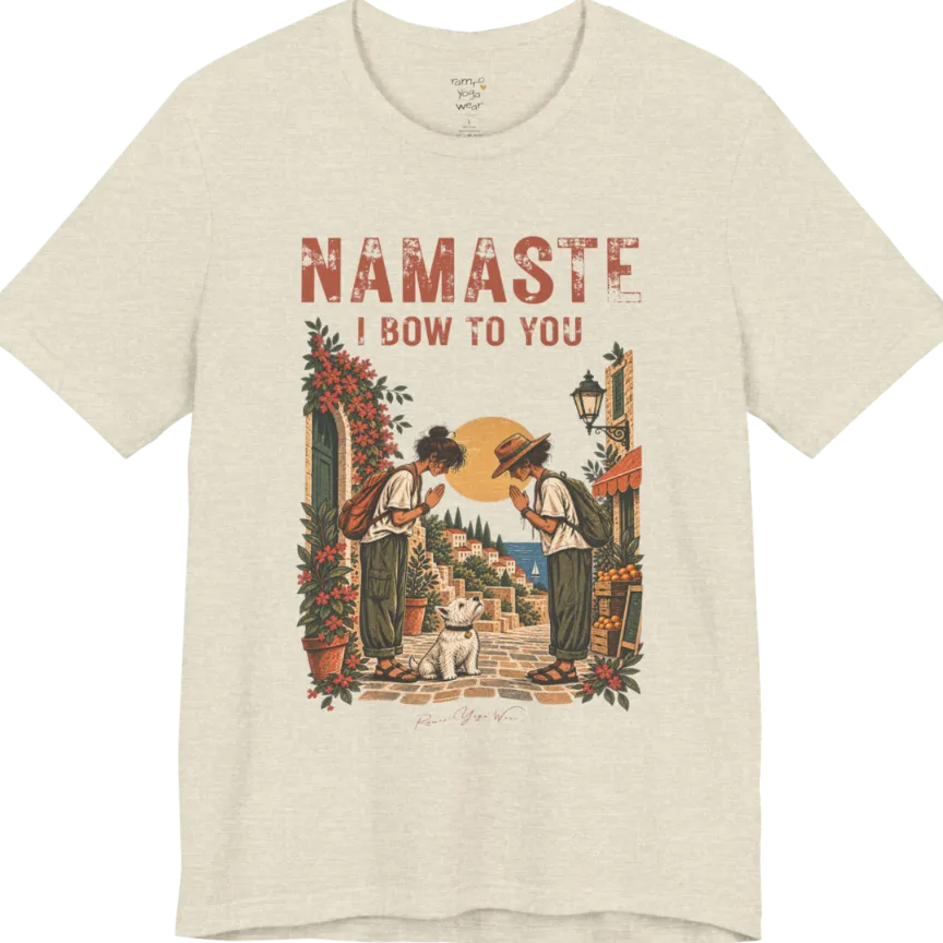 A short sleeved tee called Bow T-Shirt by Ramro Yoga Wear — two figures mid-bow on a sunlit Mediterranean street with a West Highland White Terrier, vintage travel-poster illustration, Funny Yoga Shirts collection in color Heather Prism Natural.
