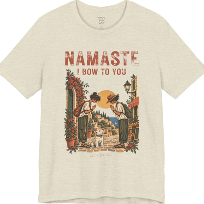 A short sleeved tee called Bow T-Shirt by Ramro Yoga Wear — two figures mid-bow on a sunlit Mediterranean street with a West Highland White Terrier, vintage travel-poster illustration, Funny Yoga Shirts collection in color Heather Prism Natural.