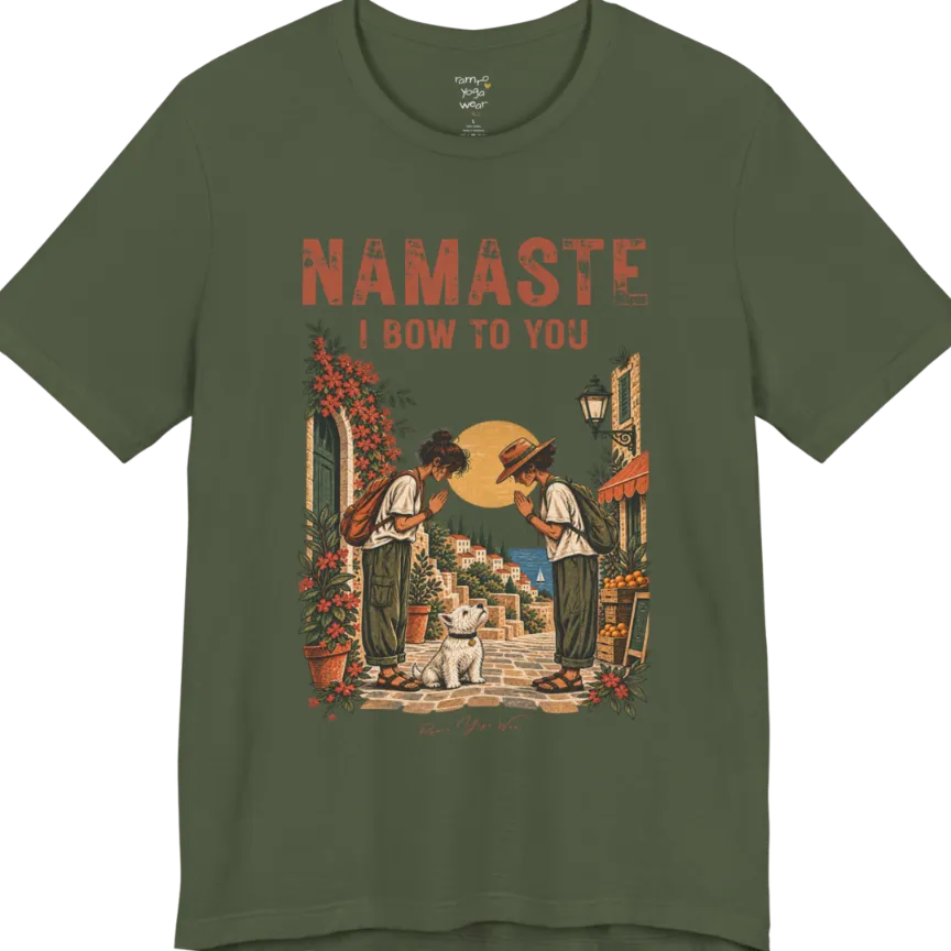 A short sleeved tee called Bow T-Shirt by Ramro Yoga Wear — two figures mid-bow on a sunlit Mediterranean street with a West Highland White Terrier, vintage travel-poster illustration, Funny Yoga Shirts collection in color Military Green.