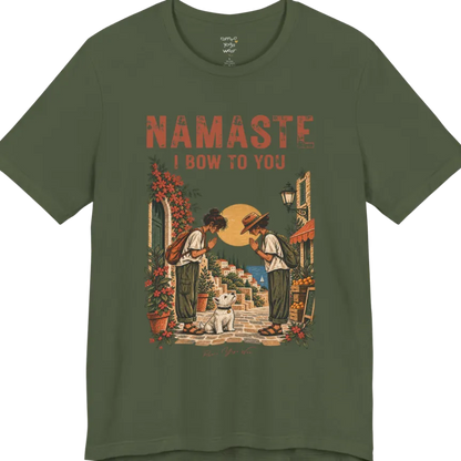 A short sleeved tee called Bow T-Shirt by Ramro Yoga Wear — two figures mid-bow on a sunlit Mediterranean street with a West Highland White Terrier, vintage travel-poster illustration, Funny Yoga Shirts collection in color Military Green.