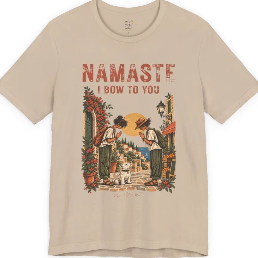 A short sleeved tee called Bow T-Shirt by Ramro Yoga Wear — two figures mid-bow on a sunlit Mediterranean street with a West Highland White Terrier, vintage travel-poster illustration, Funny Yoga Shirts collection in color Tan.