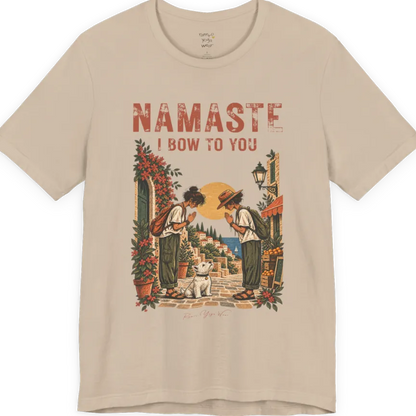 A short sleeved tee called Bow T-Shirt by Ramro Yoga Wear — two figures mid-bow on a sunlit Mediterranean street with a West Highland White Terrier, vintage travel-poster illustration, Funny Yoga Shirts collection in color Tan.