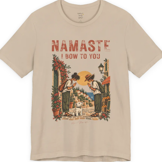 A short sleeved tee called Bow T-Shirt by Ramro Yoga Wear — two figures mid-bow on a sunlit Mediterranean street with a West Highland White Terrier, vintage travel-poster illustration, Funny Yoga Shirts collection in color Tan.