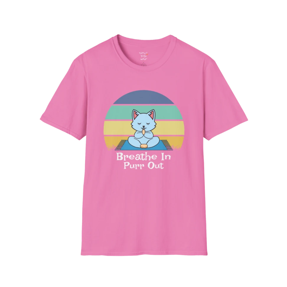 Meditating cat beneath retro sunset design with "Breathe In Purr Out" text — The Vault collection by Ramro Yoga Wear — Azalea