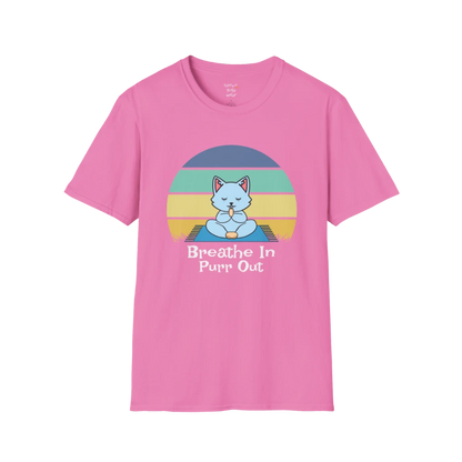 Meditating cat beneath retro sunset design with "Breathe In Purr Out" text — The Vault collection by Ramro Yoga Wear — Azalea