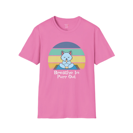 Breathe In T-Shirt in Azalea featuring meditating yoga cat artwork with retro sunset and playful mindful slogan.