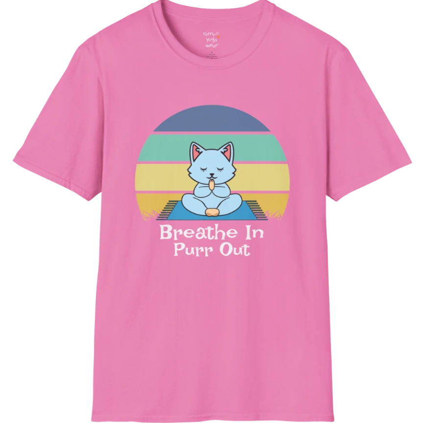 Meditating cat beneath retro sunset design with "Breathe In Purr Out" text — The Vault collection by Ramro Yoga Wear — Azalea