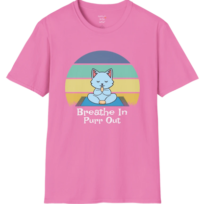 Meditating cat beneath retro sunset design with "Breathe In Purr Out" text — The Vault collection by Ramro Yoga Wear — Azalea