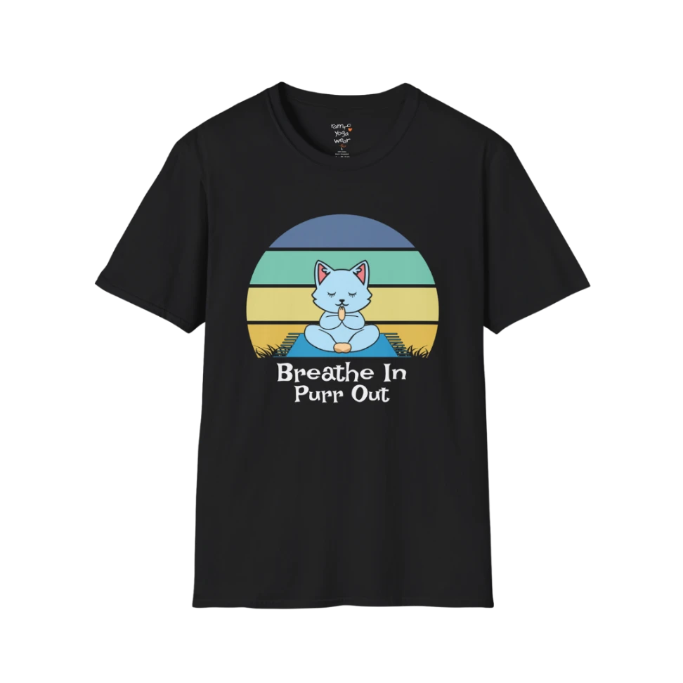 Meditating cat beneath retro sunset design with "Breathe In Purr Out" text — The Vault collection by Ramro Yoga Wear — Black