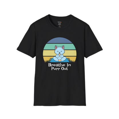Meditating cat beneath retro sunset design with "Breathe In Purr Out" text — The Vault collection by Ramro Yoga Wear — Black