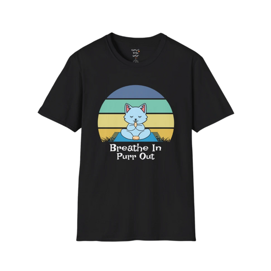 Meditating cat beneath retro sunset design with "Breathe In Purr Out" text — The Vault collection by Ramro Yoga Wear — Black