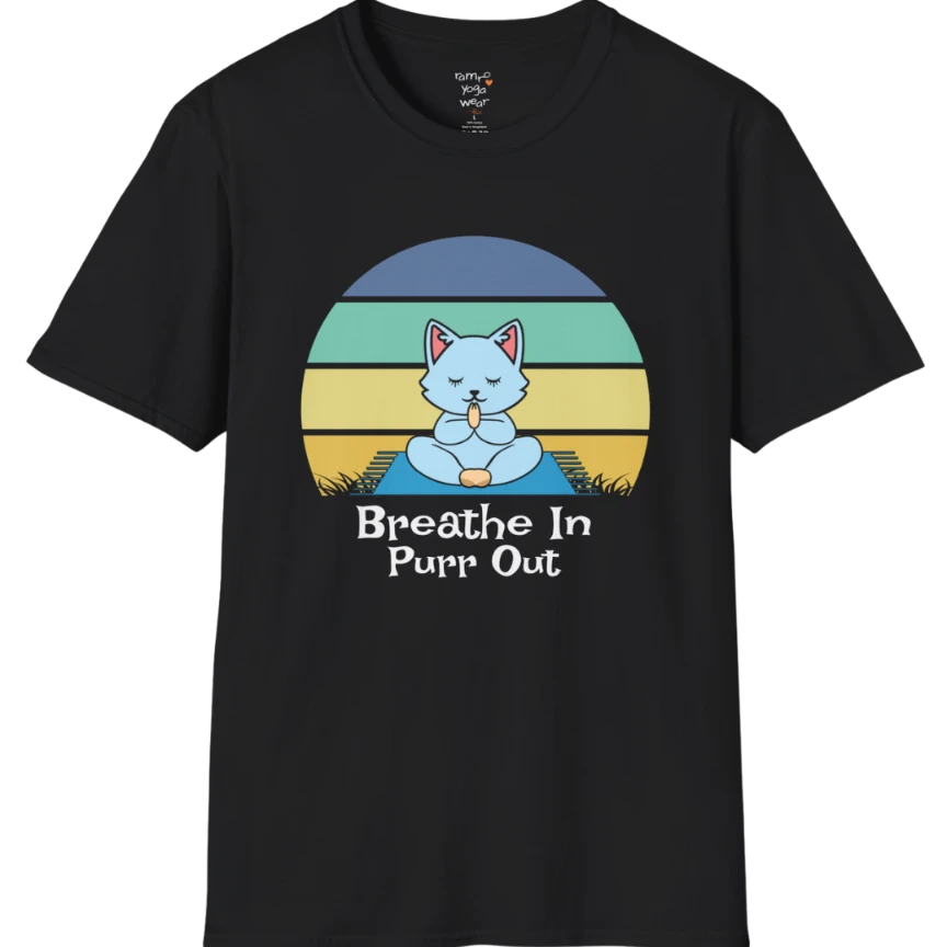 Meditating cat beneath retro sunset design with "Breathe In Purr Out" text — The Vault collection by Ramro Yoga Wear — Black