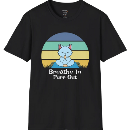 Meditating cat beneath retro sunset design with "Breathe In Purr Out" text — The Vault collection by Ramro Yoga Wear — Black