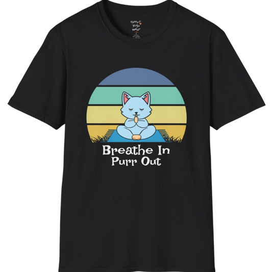 Meditating cat beneath retro sunset design with "Breathe In Purr Out" text — The Vault collection by Ramro Yoga Wear — Black