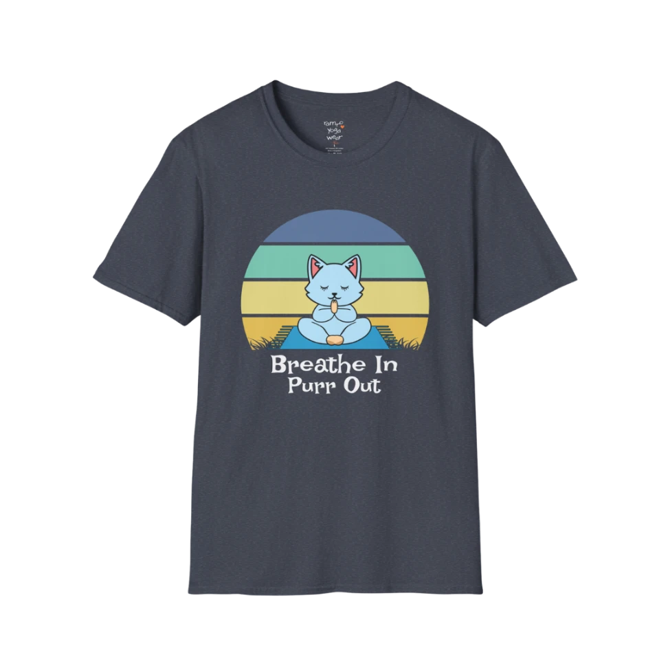Meditating cat beneath retro sunset design with "Breathe In Purr Out" text — The Vault collection by Ramro Yoga Wear — Heather Navy