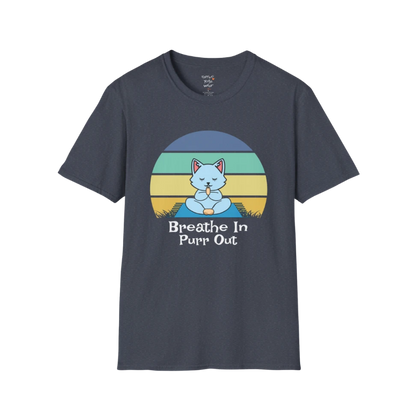 Meditating cat beneath retro sunset design with "Breathe In Purr Out" text — The Vault collection by Ramro Yoga Wear — Heather Navy