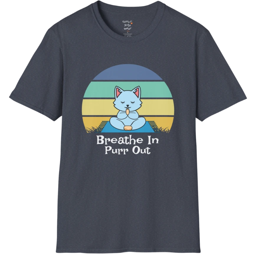 Meditating cat beneath retro sunset design with "Breathe In Purr Out" text — The Vault collection by Ramro Yoga Wear — Heather Navy