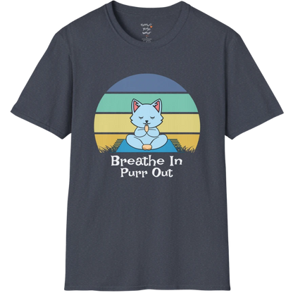 Meditating cat beneath retro sunset design with "Breathe In Purr Out" text — The Vault collection by Ramro Yoga Wear — Heather Navy