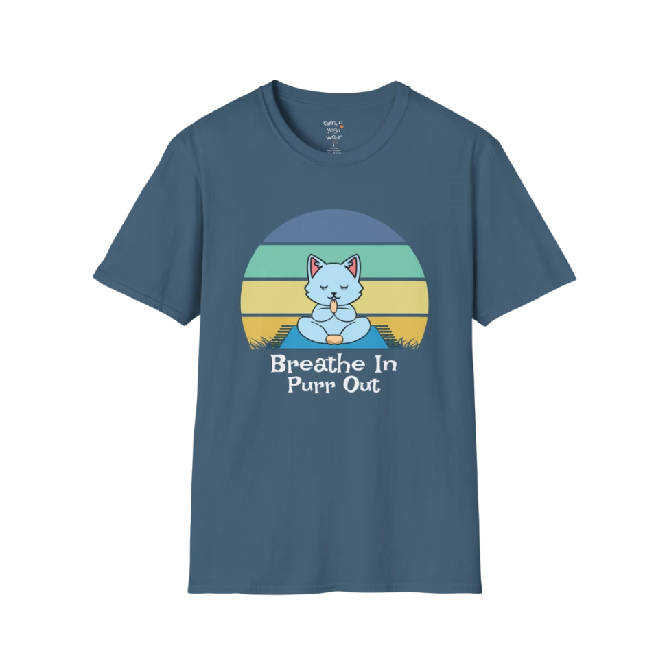 Meditating cat beneath retro sunset design with "Breathe In Purr Out" text — The Vault collection by Ramro Yoga Wear — Indigo Blue