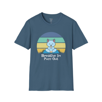 Meditating cat beneath retro sunset design with "Breathe In Purr Out" text — The Vault collection by Ramro Yoga Wear — Indigo Blue