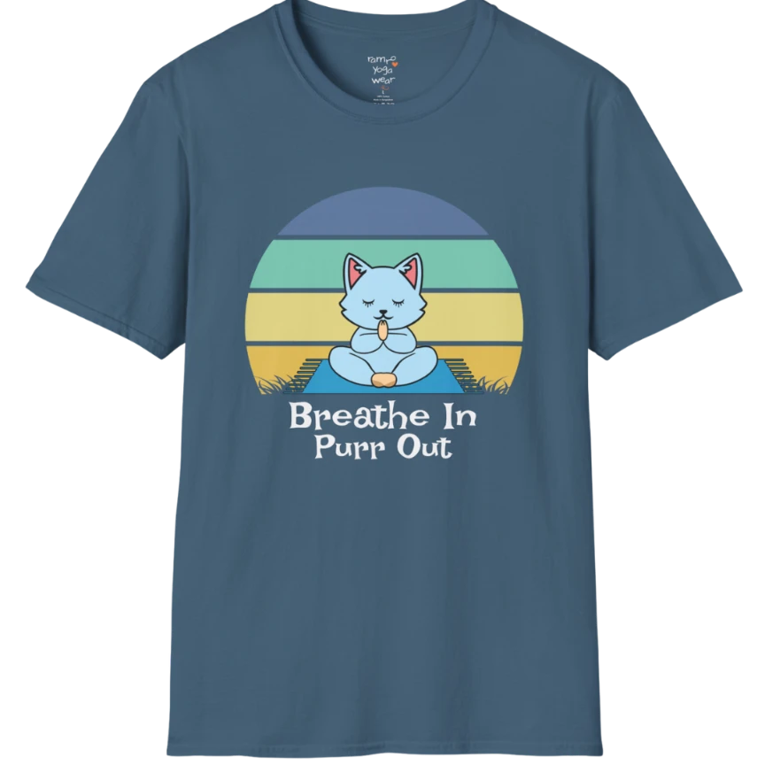 Meditating cat beneath retro sunset design with "Breathe In Purr Out" text — The Vault collection by Ramro Yoga Wear — Indigo Blue