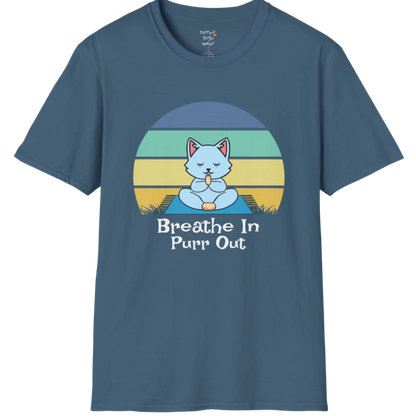 Meditating cat beneath retro sunset design with "Breathe In Purr Out" text — The Vault collection by Ramro Yoga Wear — Indigo Blue