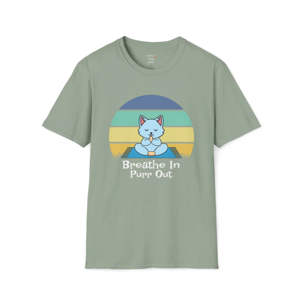 Meditating cat beneath retro sunset design with "Breathe In Purr Out" text — The Vault collection by Ramro Yoga Wear — Sage