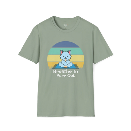 Meditating cat beneath retro sunset design with "Breathe In Purr Out" text — The Vault collection by Ramro Yoga Wear — Sage