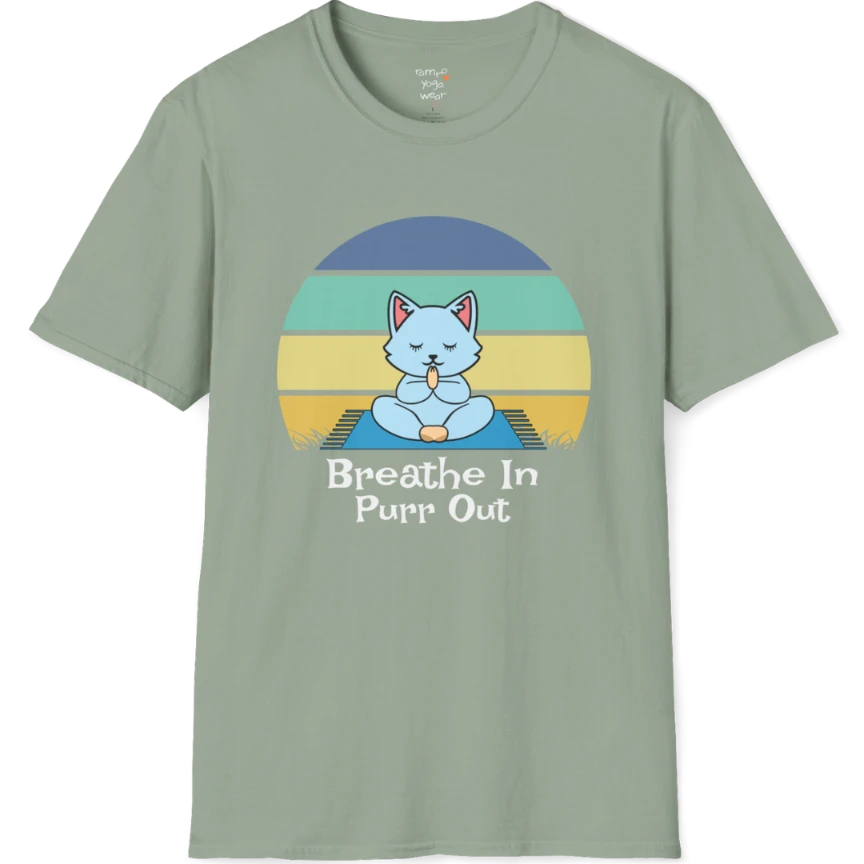 Meditating cat beneath retro sunset design with "Breathe In Purr Out" text — The Vault collection by Ramro Yoga Wear — Sage