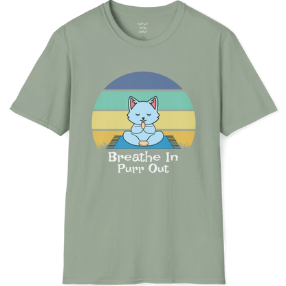 Meditating cat beneath retro sunset design with "Breathe In Purr Out" text — The Vault collection by Ramro Yoga Wear — Sage