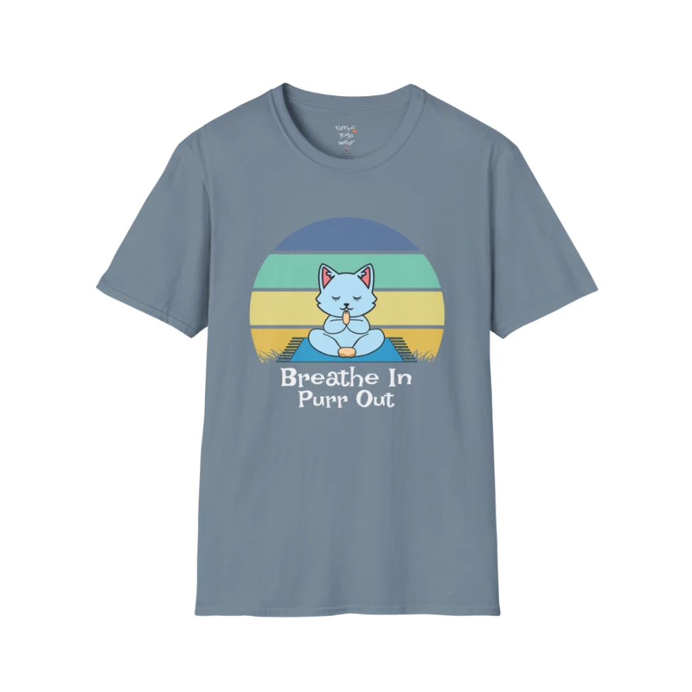 Meditating cat beneath retro sunset design with "Breathe In Purr Out" text — The Vault collection by Ramro Yoga Wear — Stone Blue